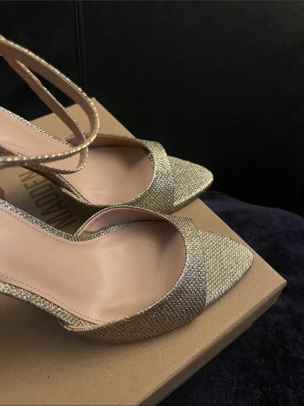 Steve Madden 4.5” Pointy Toe Metallic Gold Ankle-Strap High Heel Sandals NWB